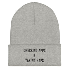 Load image into Gallery viewer, Checking Apps &amp; Taking Naps Cuffed Black Thread Beanie - Wake Slay Repeat
